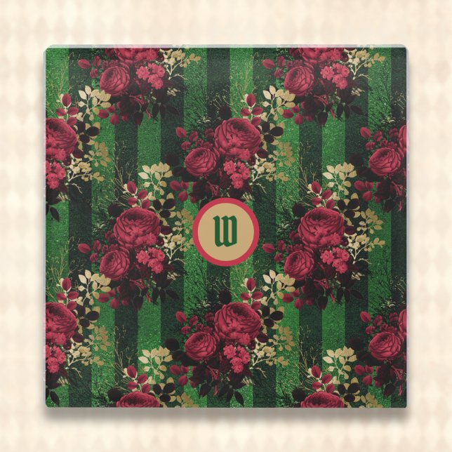 Dessous-de-verre En Verre Roses rouges gothiques et rayures avec initiale (Créateur téléchargé)