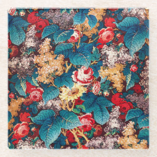 Dessous-de-verre En Verre Roses rouges vintages et motif floral lilas