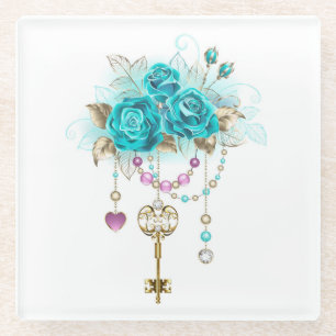 Dessous-de-verre En Verre Roses Turquoise avec Clés