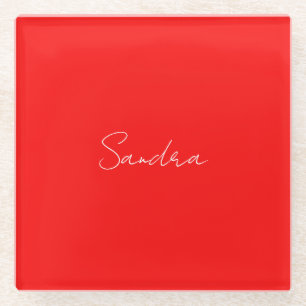 Dessous-de-verre En Verre Rouge Blanc manuscrit Minimaliste Votre Nom