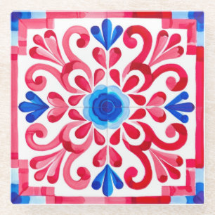 Dessous-de-verre En Verre Rouge & Bleu Floral Traditionnel Mexicain Talavera