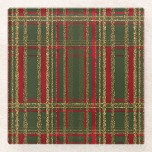 Dessous-de-verre En Verre Rouge de vacances, vert et or pailleté Tartan de N