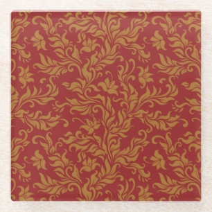 Dessous-de-verre En Verre Rouge et motif floral d'or