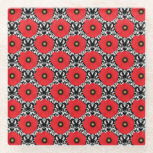 Dessous-de-verre En Verre Rouge Shabby Chic, Coquelicots motif Noir & Blanc