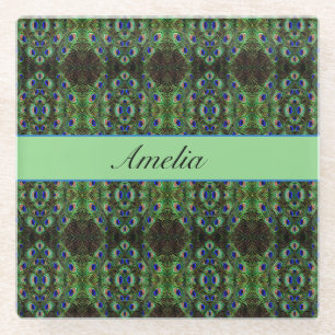 Dessous-de-verre En Verre Royal Plumage - Luxe Peacock Motif en plumes