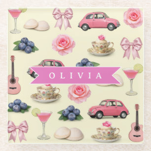 Dessous-de-verre En Verre Ruban de cocktail rose coquette personnalisé adora