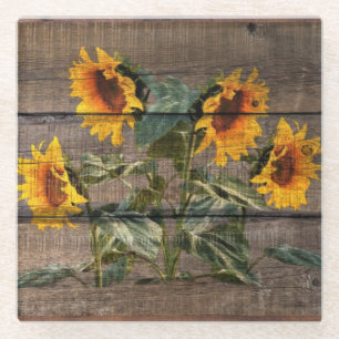 Dessous-de-verre En Verre Rustic Barn Wood Sunflower