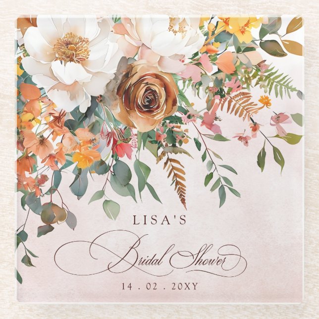 Dessous-de-verre En Verre Rustic Orange Floral Fall Bridal Shower  (Devant)