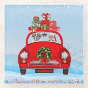 Dessous-de-verre En Verre Saint Bernard Chien En Voiture Avec Le Père Noël