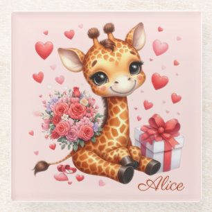 Dessous-de-verre En Verre Saint Valentin Amour Rose Bouquet Giraffe