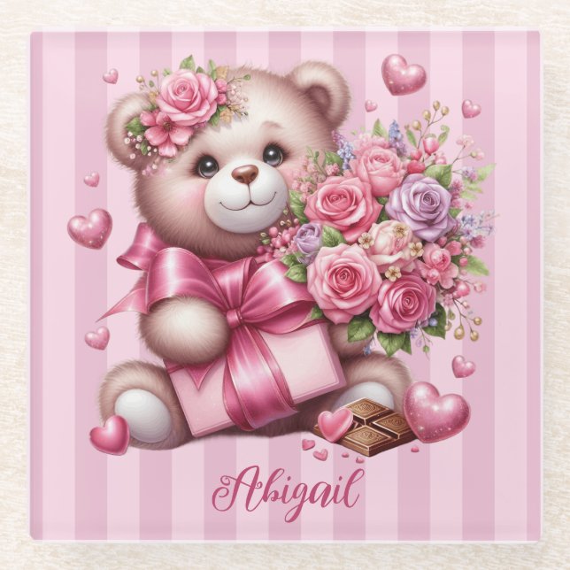 Dessous-de-verre En Verre Saint Valentin Amour Rose Ours (Devant)