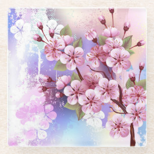 Dessous-de-verre En Verre Sakura rose sur la peinture Arrière - plan