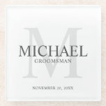 Dessous-de-verre En Verre Salons personnalisés<br><div class="desc">Ajoutez une touche personnelle à votre mariage grâce au dessous de verre en verre personnalisé des groomsmen. Ce dessous de verre présente le nom du marionnettiste personnalisé avec titre et date mariage en gris et monogramme en gris clair comme arrière - plan, dans le style de police serif classique, sur...</div>
