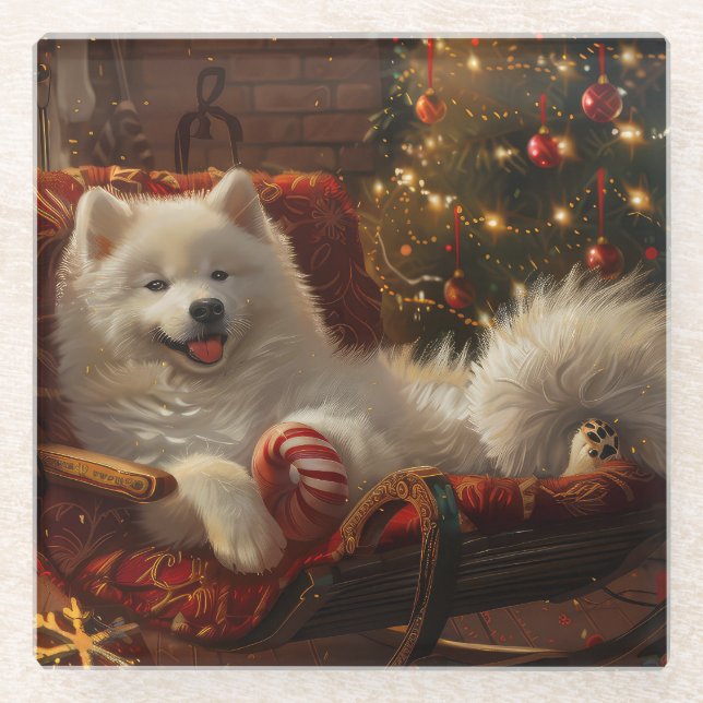 Dessous-de-verre En Verre Samoyed Chien Festive de Noël (Devant)