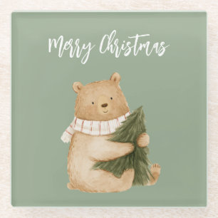 Dessous-de-verre En Verre Sapin de Noël Ours Heureux Blanc Vert