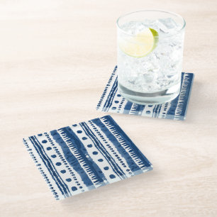 Dessous-de-verre En Verre Sashiko Motif blanc et bleu