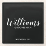 Dessous-de-verre En Verre Scénario moderne - Groomsman personnalisé<br><div class="desc">Script moderne Dessous de verre Groomsman personnalisé avec le nom de toiletteur personnalisé en blanc style de police script moderne avec titre et date mariage dans le style de police sans serif moderne sur arrière - plan noir. Parfait aussi pour le meilleur homme, père de la mariée, demoiselle d'honneur et...</div>