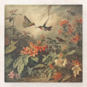 Dessous-de-verre En Verre Scène botanique vintage d'hummingbirdet de fleurs