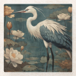 Dessous-de-verre En Verre scène botanique vintage grue bleue et lotus aussi