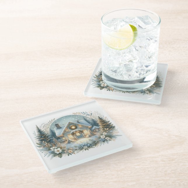 Dessous-de-verre En Verre Scène de Cabane enneigée lumineuse (Incliné)