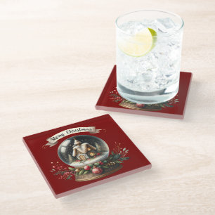 Dessous-de-verre En Verre Scène de cottage dans une boule à neige de Noël co