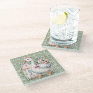 Dessous-de-verre En Verre Scène de maison florale de cottage à l'oie