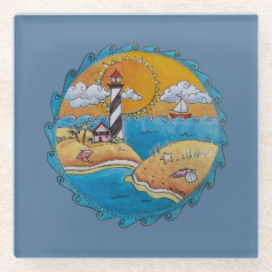 Dessous-de-verre En Verre Scène de plage de phare fantaisiste, art folkloriq