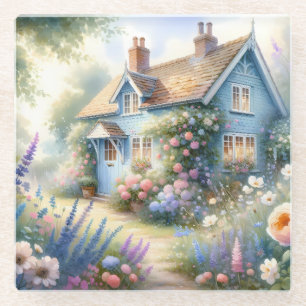 Dessous-de-verre En Verre Scène florale de maison bleue de jardin de campagn