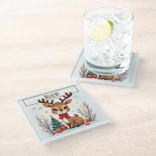 Dessous-de-verre En Verre Scène mignonne de rennes de Noël dans une forêt en