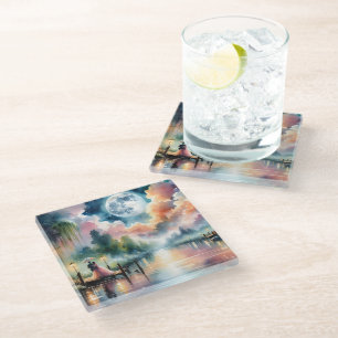 Dessous-de-verre En Verre Scène nocturne romantique à l'aquarelle sous le cl