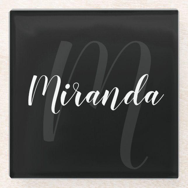 Dessous-de-verre En Verre Script moderne Monogramme personnalisé et nom noir (Devant)