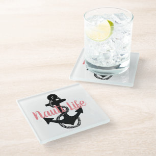 Dessous-de-verre En Verre script NAUTI LIFE mignon, nautique + ancre
