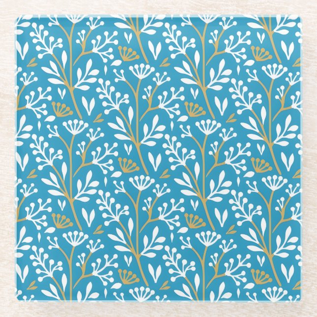Dessous-de-verre En Verre Seamless Floral Pattern: White and Gold on Blue (Devant)