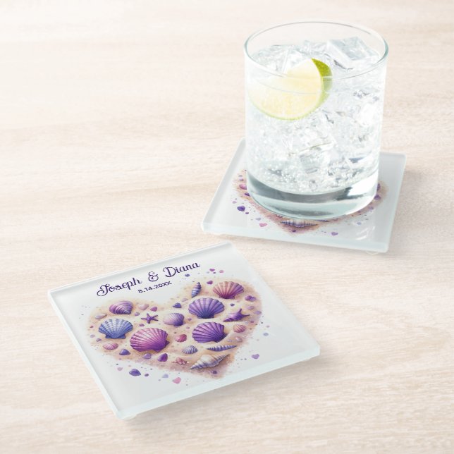 Dessous-de-verre En Verre Seashell Beach Valentine Anniversary Names (Incliné)