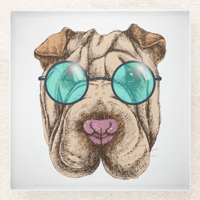 Dessous-de-verre En Verre Sharpei dans les lunettes de soleil (Devant)
