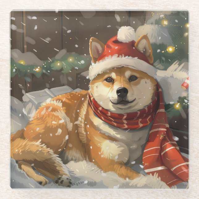 Dessous-de-verre En Verre Shiba Inu Chien Festive de Noël (Devant)