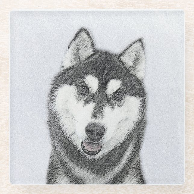 Dessous-de-verre En Verre Sibérie Husky (noir et blanc) Peinture Chien Art (Devant)