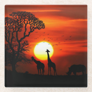 Dessous-de-verre En Verre Silhouettes d'animaux au coucher de soleil de safa
