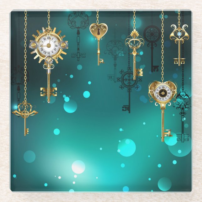 Dessous-de-verre En Verre Skeleton Keys on Green Background (Devant)