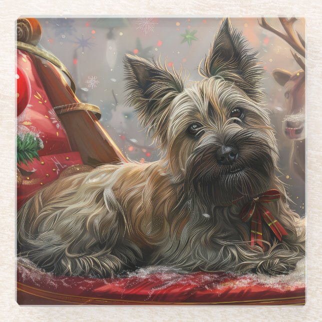 Dessous-de-verre En Verre Skye Terrier Chien Festif de Noël (Devant)