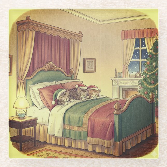 Dessous-de-verre En Verre Sleeping Christmas Cats Glass Coaster (Devant)