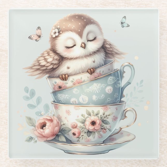 Dessous-de-verre En Verre Sleeping Owl in Stacked Floral Teacups (Devant)