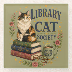 Dessous-de-verre En Verre Société de la Chatte de Bibliothèque Calico Littér