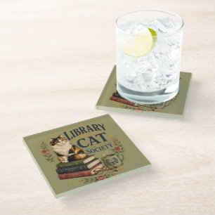 Dessous-de-verre En Verre Société de la chatte de bibliothèque Calico livres