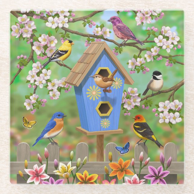 Dessous-de-verre En Verre Songbirds Lily Garden Birdhouse (Devant)