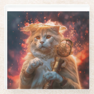 Dessous-de-verre En Verre Sorcier Chat Avec Bâton Magique Parmi Les Flammes