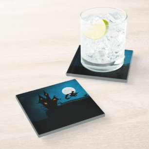 Dessous-de-verre En Verre Sorcière volante éffrayante : Halloween noir et bl