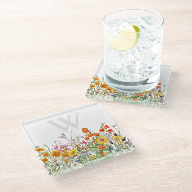 Dessous-de-verre En Verre Sous-verre en verre à fleurs à monogramme élégant (Incliné)
