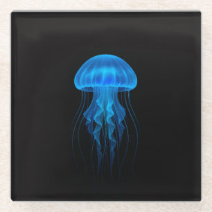 Dessous-de-verre En Verre Sous-verre en verre Black 4 Luxe, Méduse néon bleu