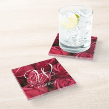 Sous-verre en verre floral Roses roses Monogramme 